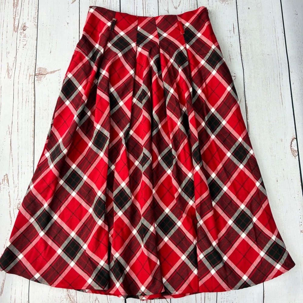 Jody California Red Plaid Pleated Midi Skirt Womens Medium USA Made